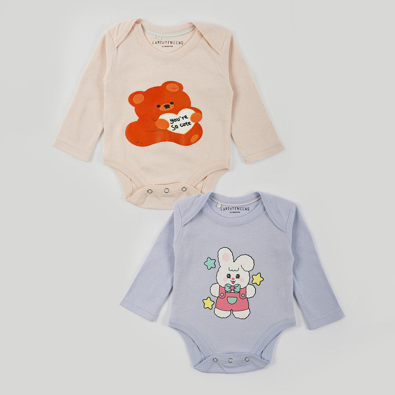 Cotton Baby Onesie Jersey | Bunny & Teddy Soft Toned Combo | Set of 2
