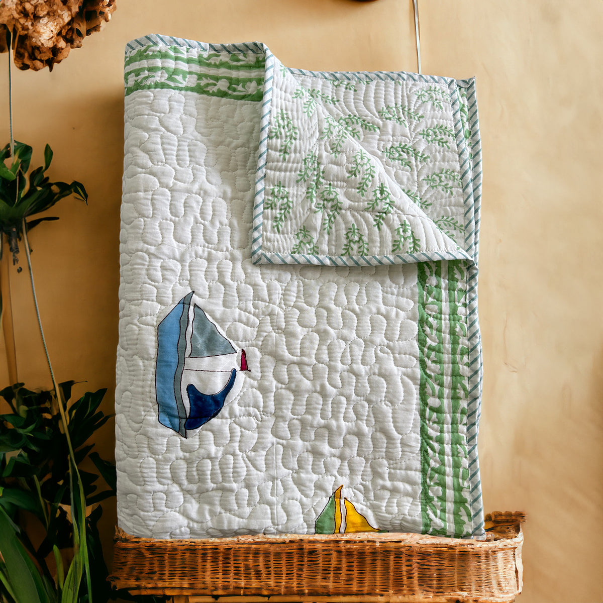 Cotton Kids Dohar Cozy Blanket | Printed Boat Design | Size 40 x 60 inches