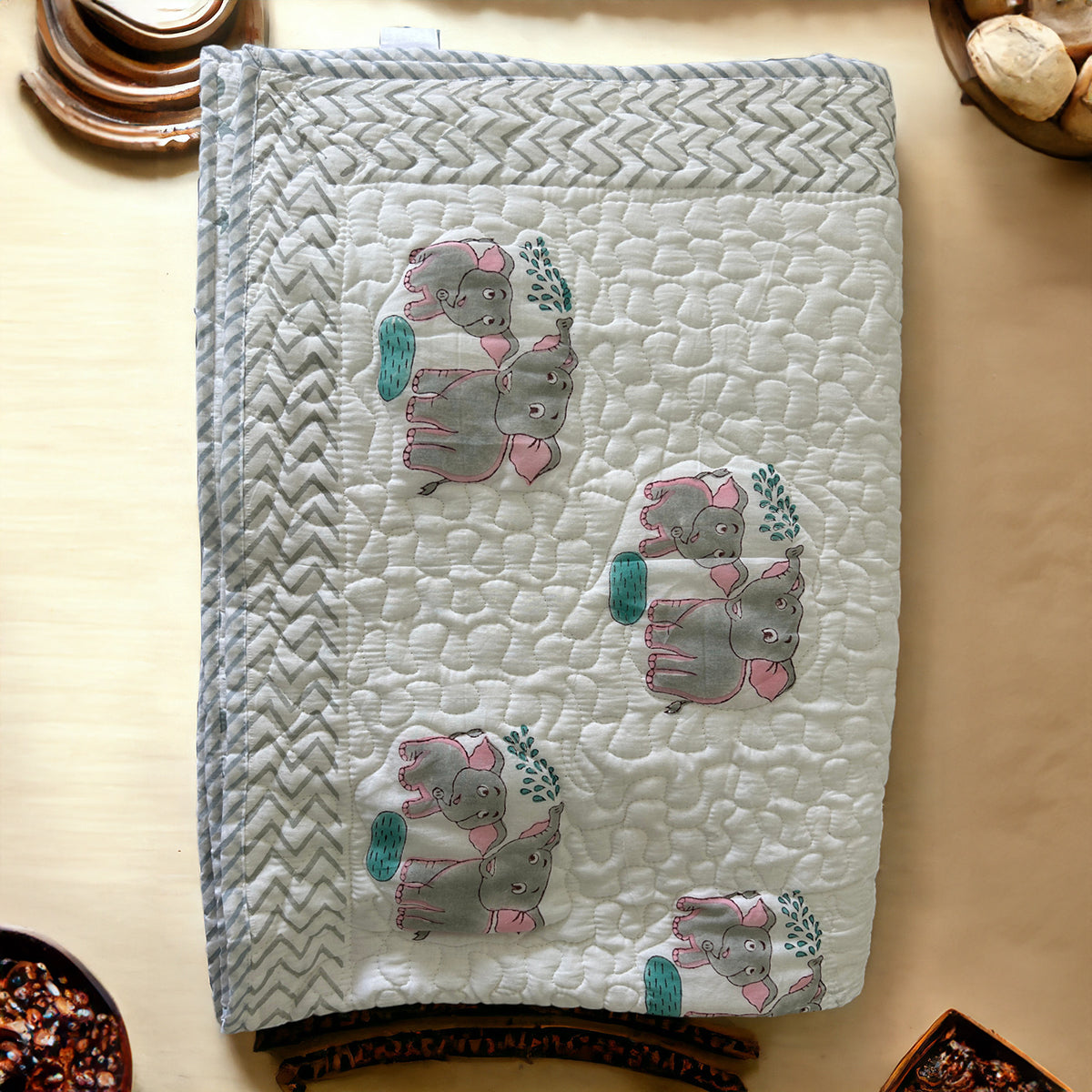 Cotton Kids Dohar Cozy Blanket | Printed Baby Elephant Design | Size 40 x 60 inches