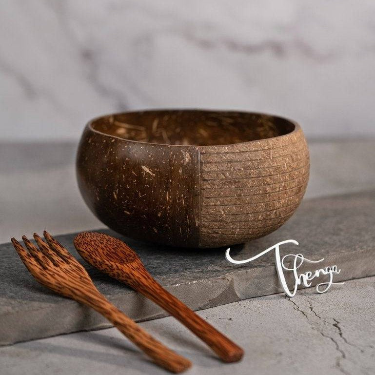 Hand-carved Jumbo 900ml Coconut Bowl with Spoon and Fork Brown