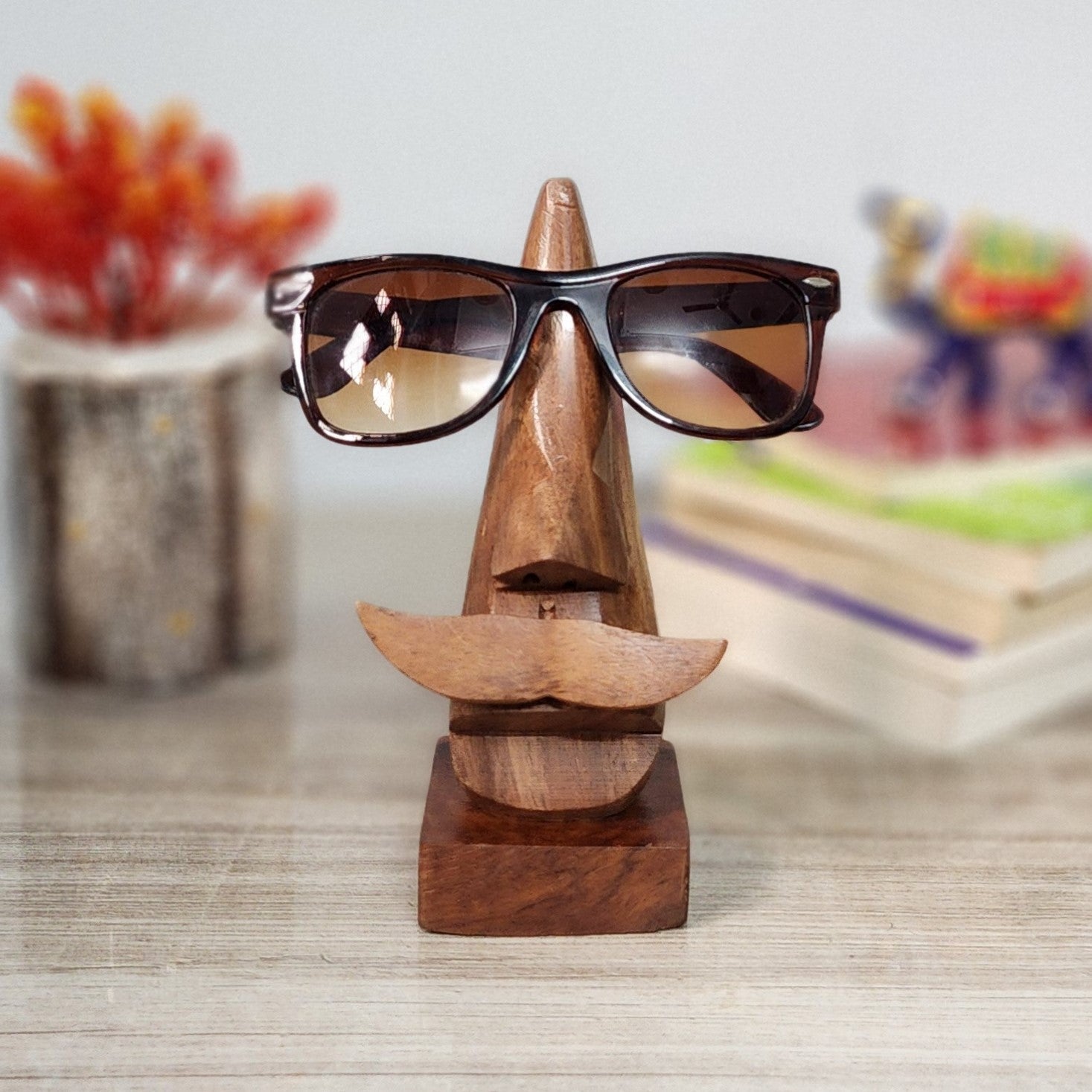 Handmade Wooden Nose Shaped Spectacle Holder Stand with Brown Moustache