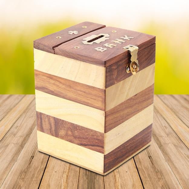 Handmade Vintage Wooden Piggy Bank for Kids and Adults