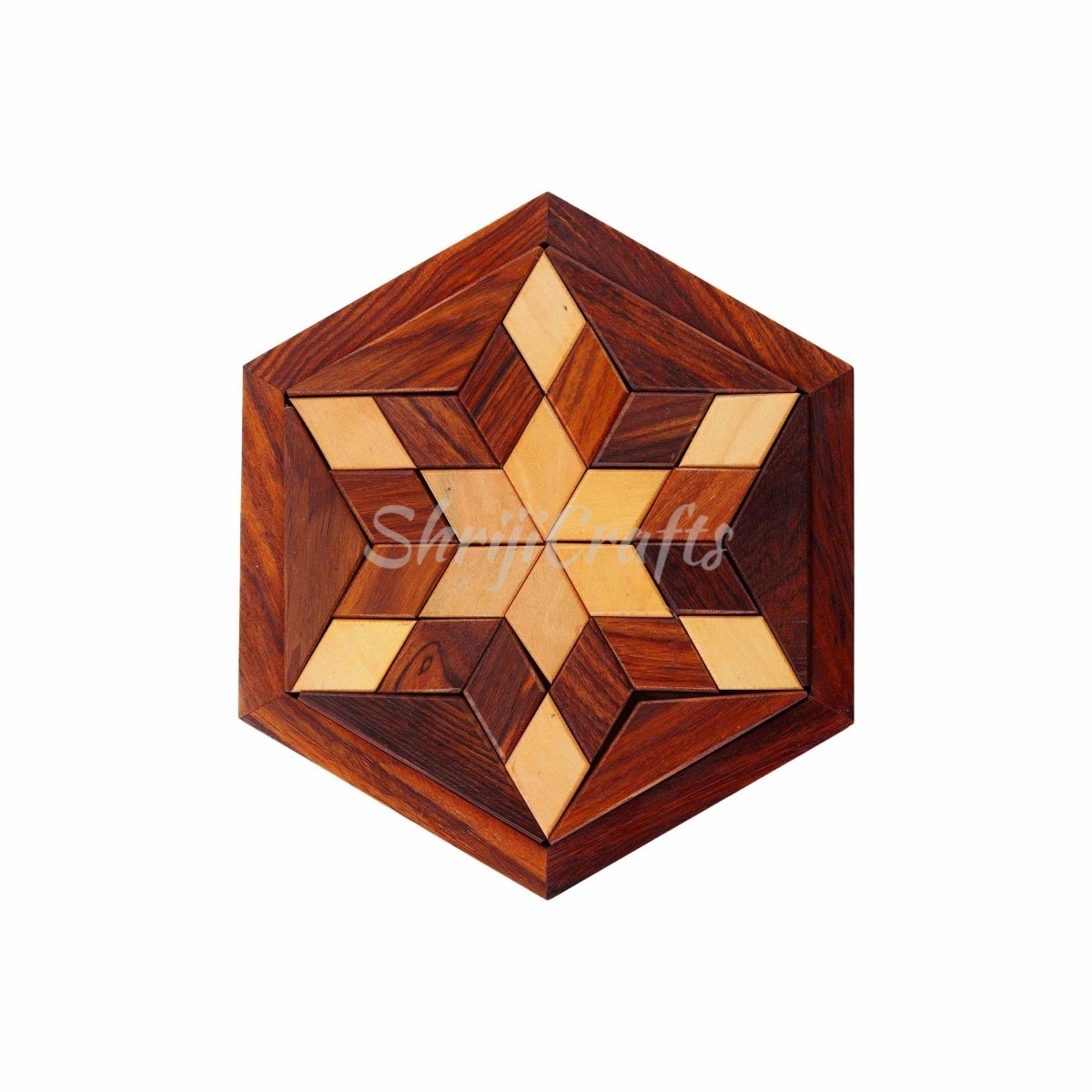 Handmade Hexagonal Wood Tangram Puzzle Game (6-inch by 6-inch)