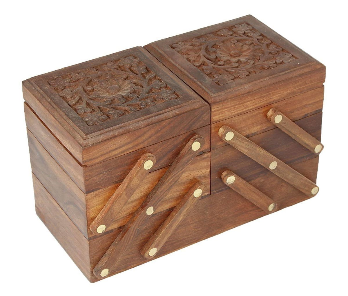 Jewelry Box for Women Wooden Flip Flap Flower Design (Brown)