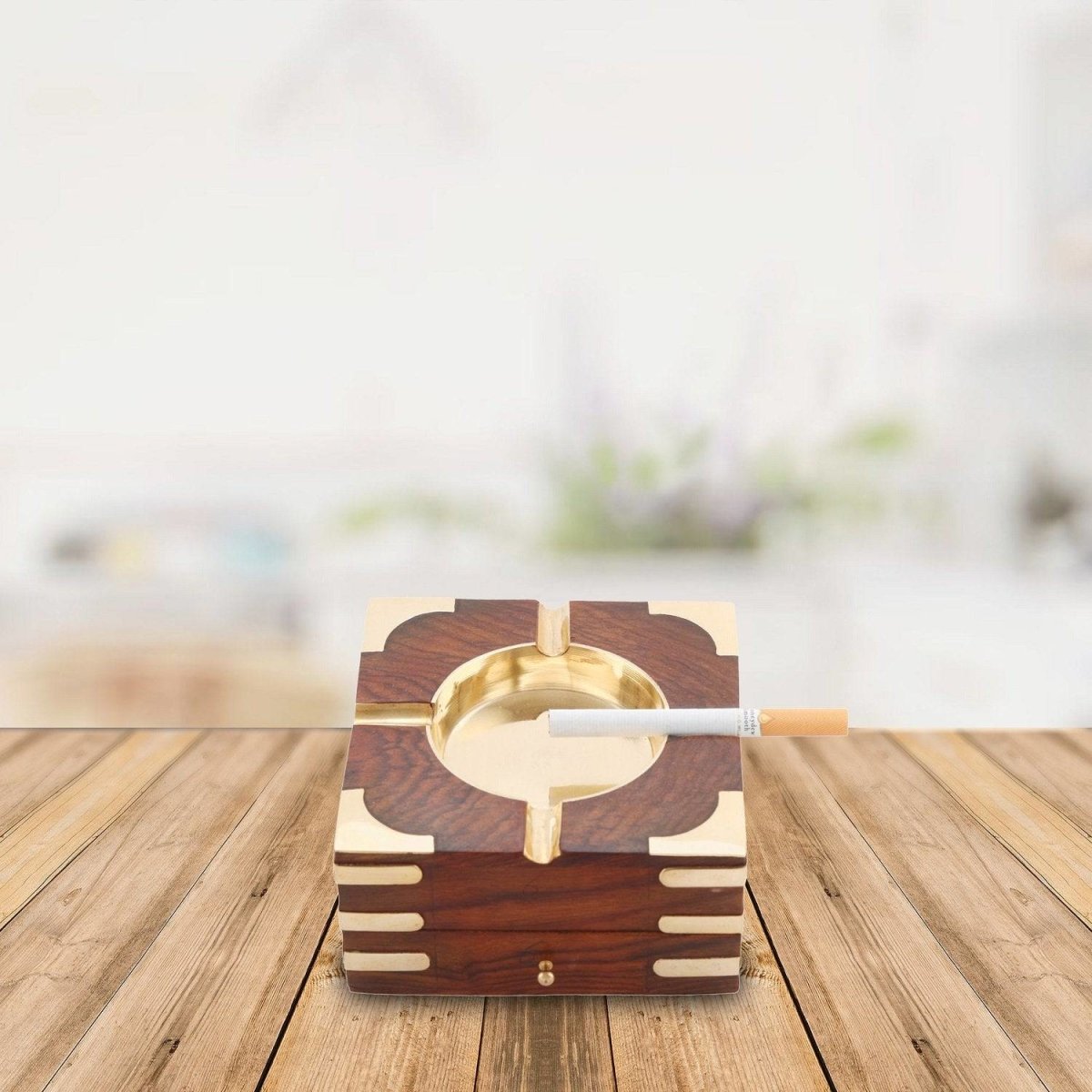 Large Decorative Wooden Ashtray With Cigarette Storage Box - 4.5" x 2.5"