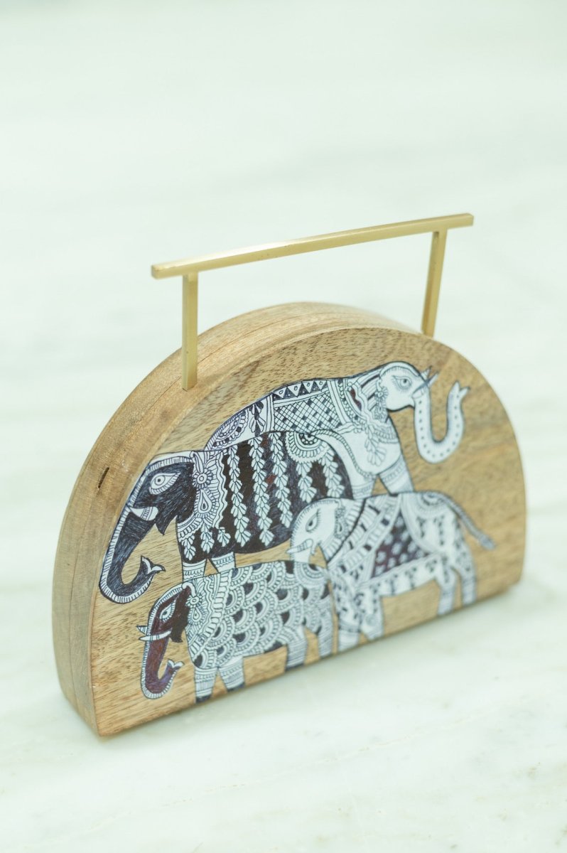 Semi Circular Haathi Clutch | Mata Ni Pachedi on Indian Mango Wood