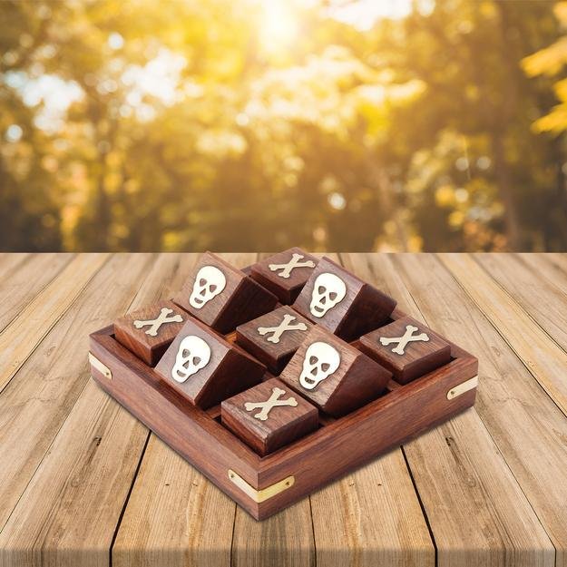 Sheesham Wood Brass Skull and Crossbones Board Game- 5" Square