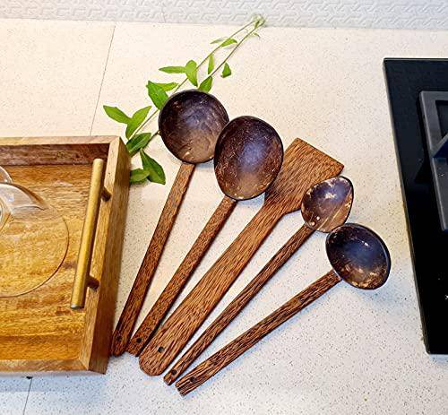 Traditional Coconut Shell & Wood Cooking Set - a Spatula, a Large Spoon & 3 Size Ladles
