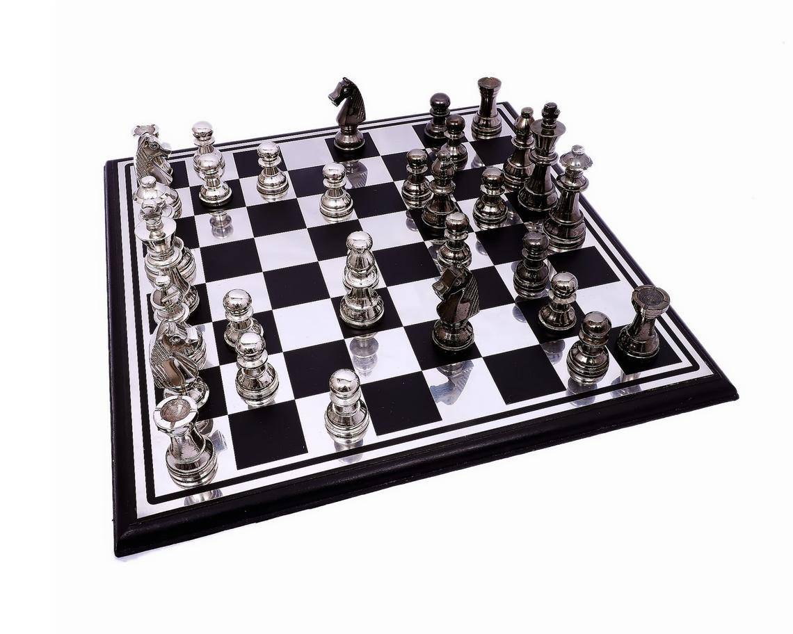 Handcrafted Wooden & Metal Chess Board Game Black and Silver Finish