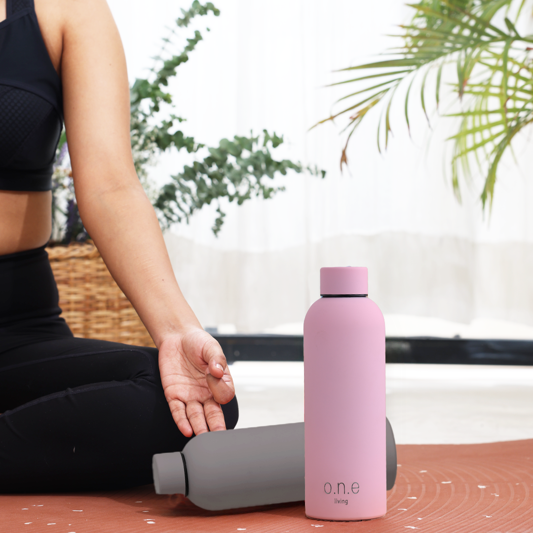 Insulated Steel Bottles for Yoga | Set of 2 | 500 ml | Grey & Light Pink