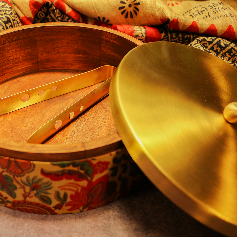 Brass Chapati Box | with Tongs | 9 Inches | Roti Box