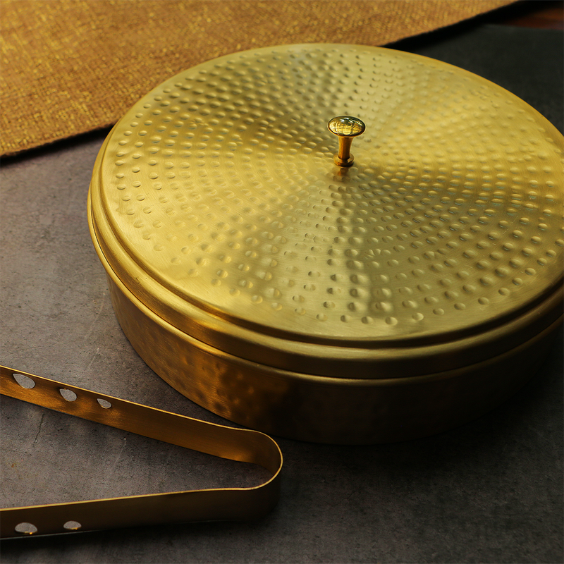 Brass Chapati Box | with Tongs | Roti Box | 9 Inches