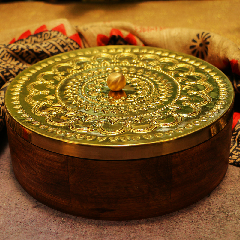 Brass Chapati Box | Roti Box | Inlay Work | 9 Inches Dia with Tongs | Gold