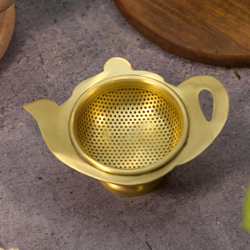 Tea Strainer with Resting Pot | Kettle Shaped | Golden