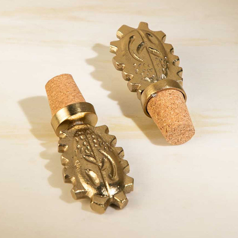 Metallic Brass Wine Stopper Bottle Cork | Mahogany | Set of 2