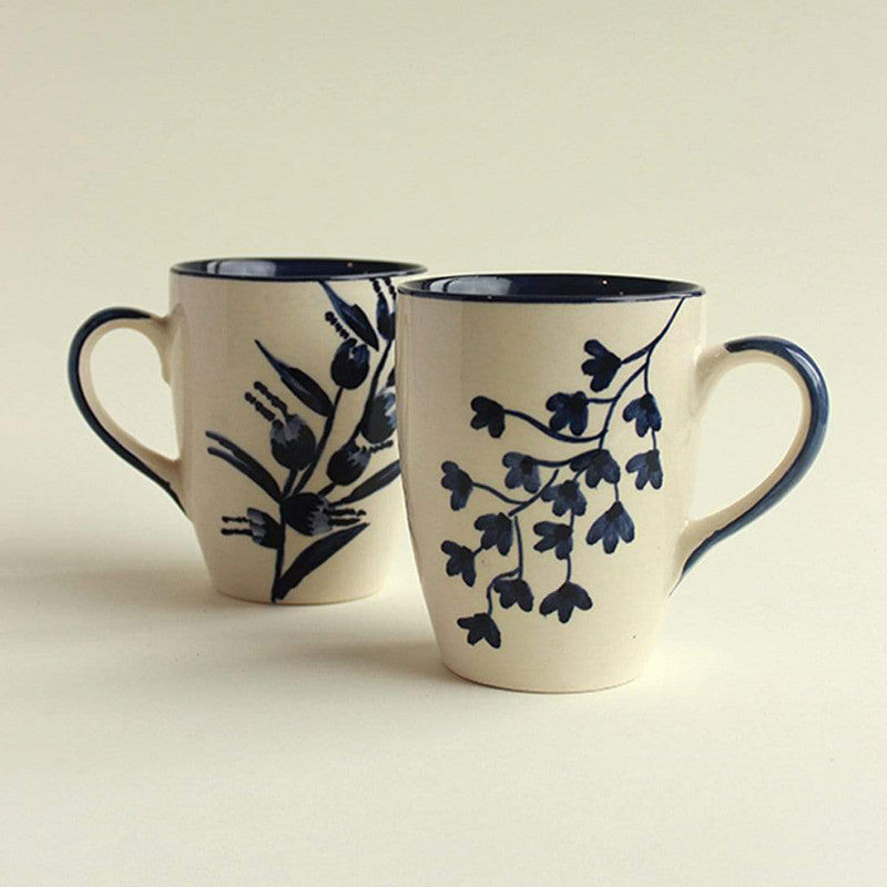 Ceramic Coffee Mug | Floral Hand Painted | Blue | 200 ml | Set of 2