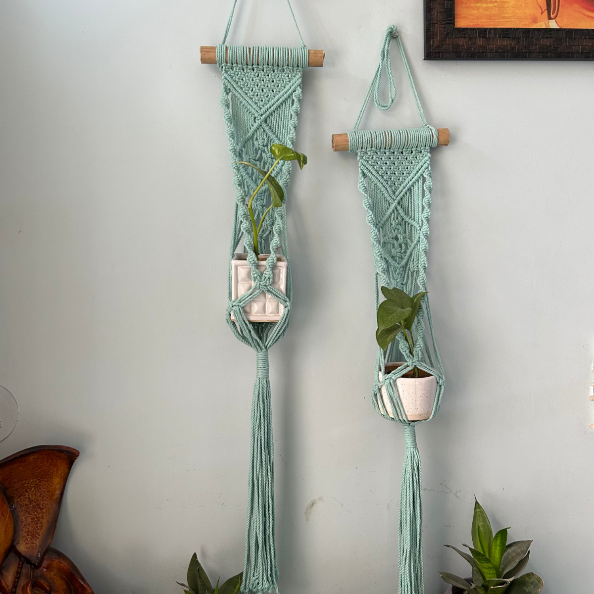 Cotton Macrame Plant Holder | Aqua Blue | Set of 2