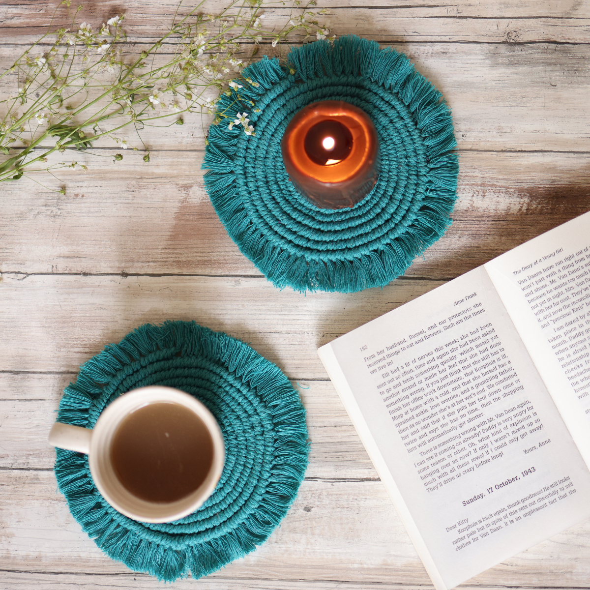 Cotton Macrame Table Coasters | Handmade | Teal | Set of 2