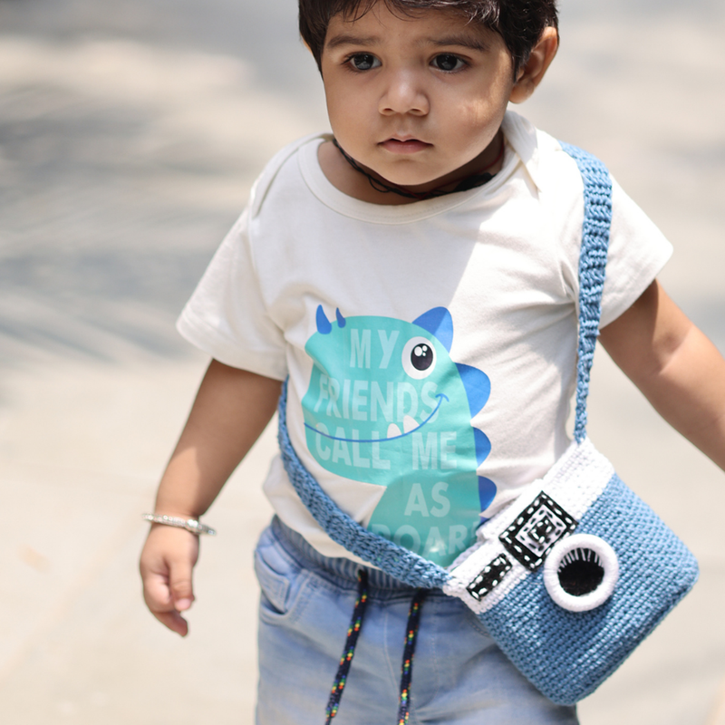 Cotton Camera Crochet Bag For Kids | Sling Bag | Blue