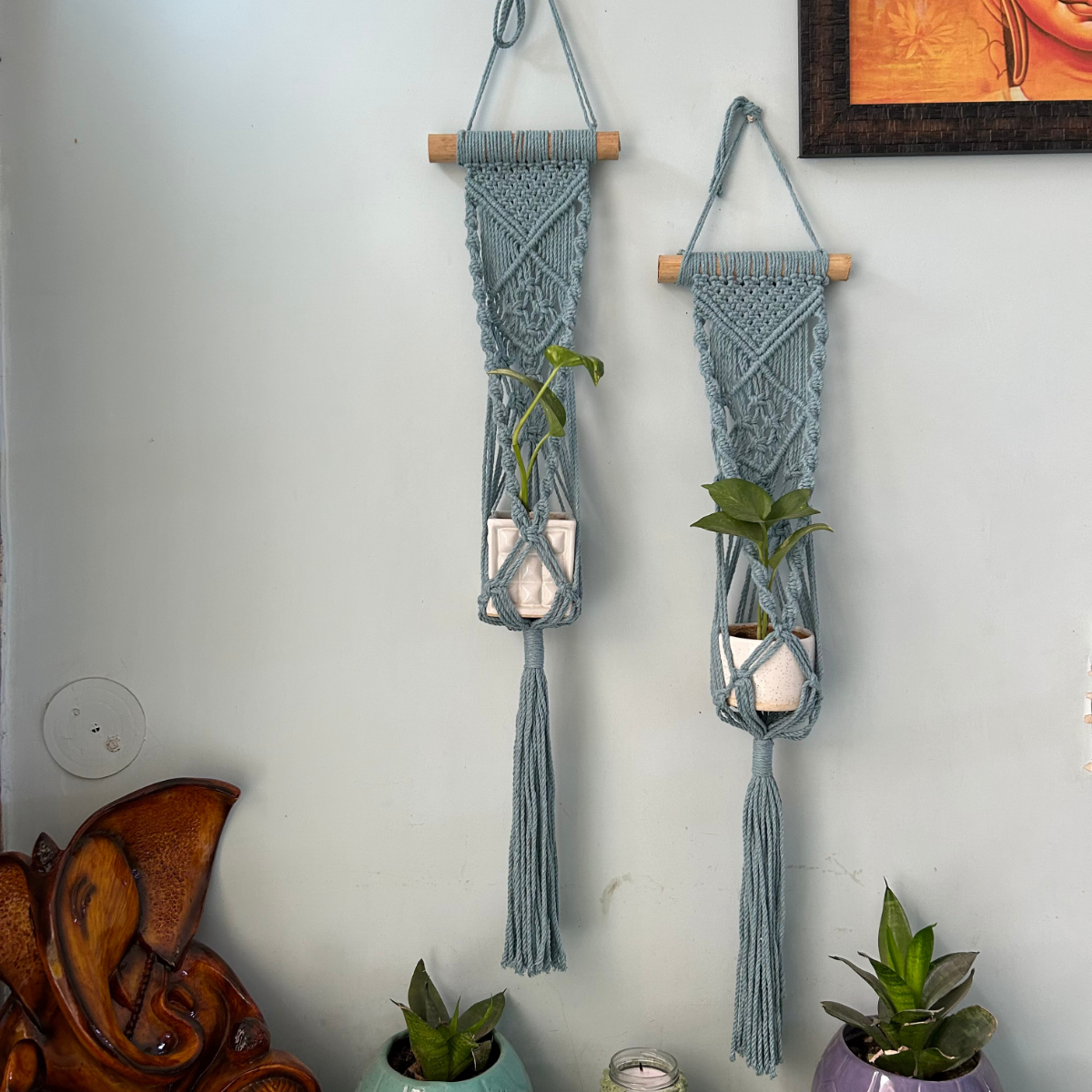 Cotton Macrame Plant Holder | Grey | Set of 2