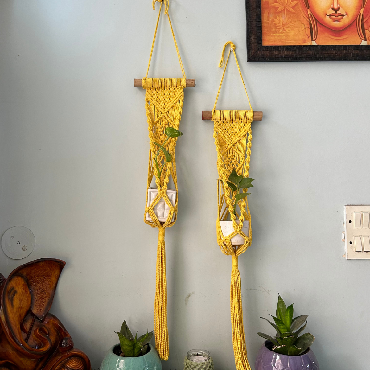 Cotton Macrame Plant Holder | Yellow | Set of 2