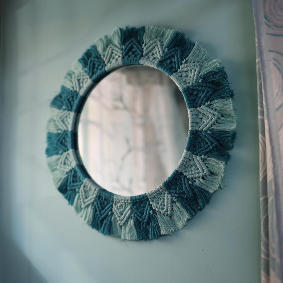 Cotton Macrame Round Wall Mirror | Handmade | Aqua & Teal