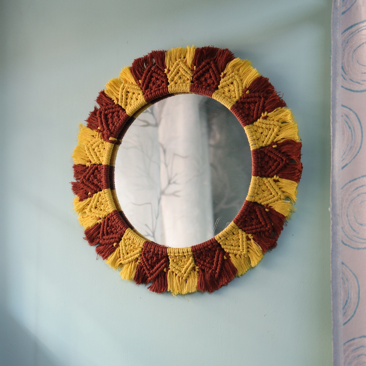 Cotton Macrame Round Wall Mirror | Wall Hanging | Yellow & Brown