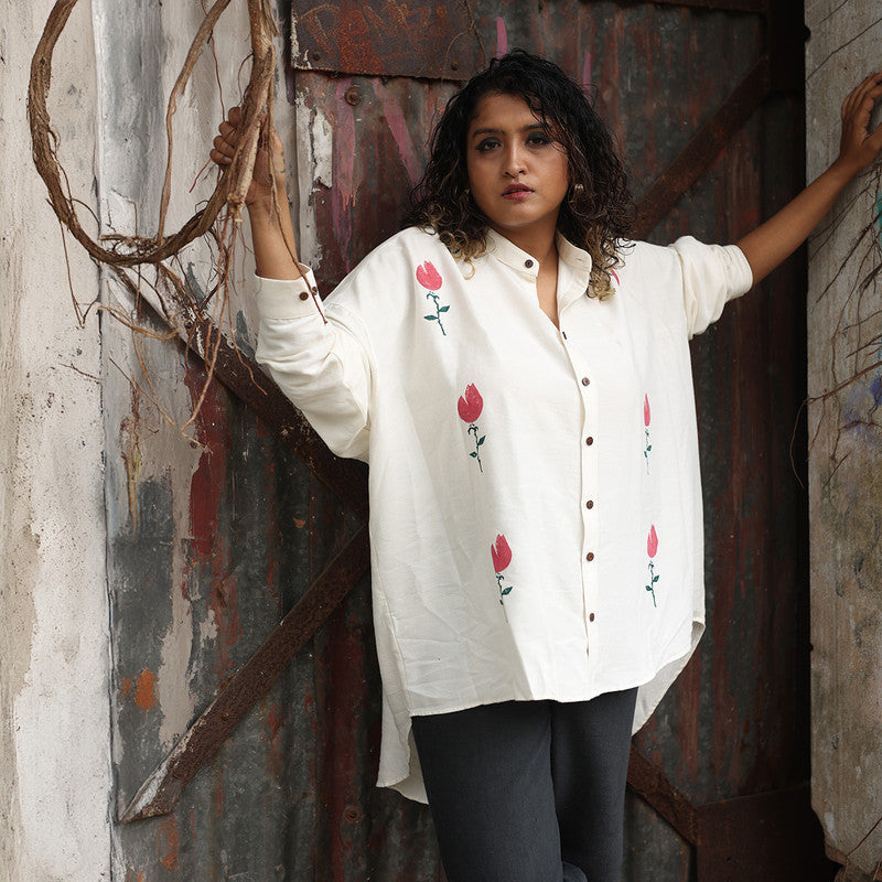 Bamboo Fabric Shirt for Men & Women | Asymmetrical | Block Printed | White