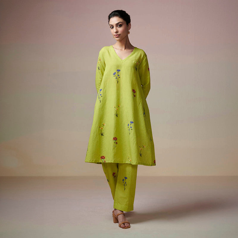 Cotton Linen Kurta Set for Women | Lime Green