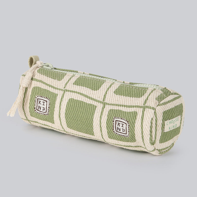 Cotton Denim Pencil Case Bag For Kids | Big Check | Green