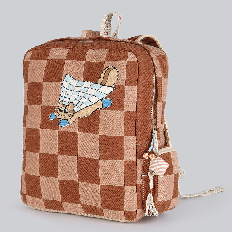 Cotton Denim Backpacks For Kids | Checked Backpack | Brown