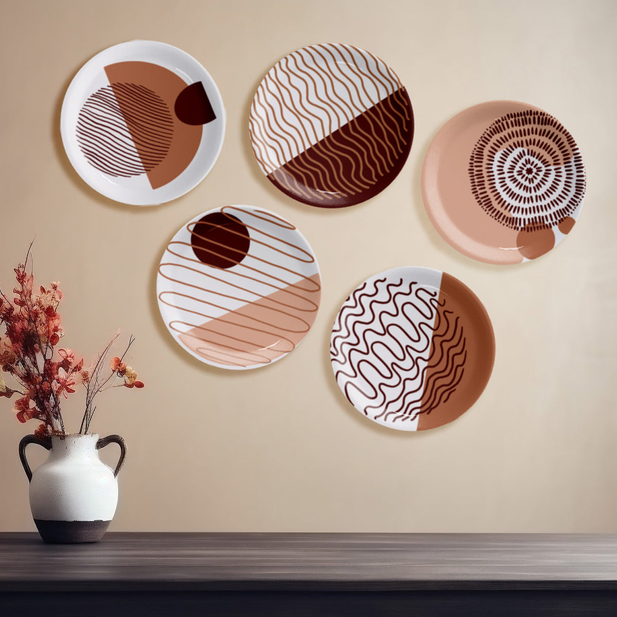 Ceramic Wall Plate | Fluid Forms in Sand Tones | Peach | Set of 5 | 10 inches