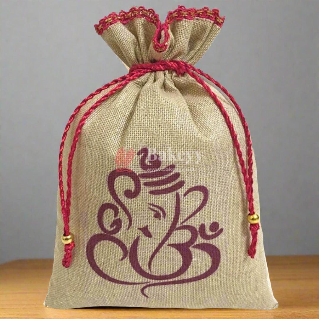 13x20 CM | Jute Potli Bag | Gift Return Gifts Bags| Lord Ganesh Printed Jute Bag | Drawstring Bags