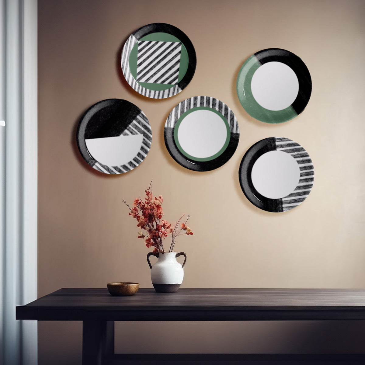 Ceramic Wall Plate | Monochrome Melody | White & Black | Set of 5 | 10 inches