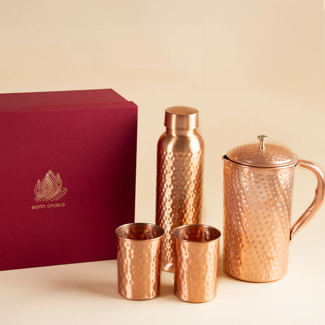 Pure Copper Bottle With Jug & 2 Glasses | Gift Box | Hammered