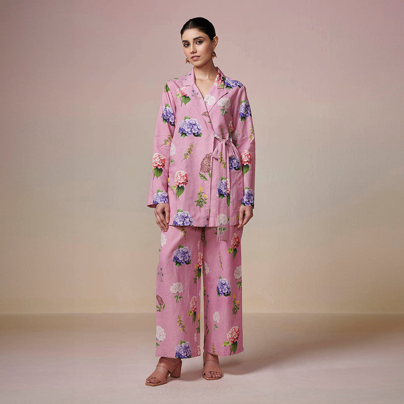 Cotton Linen Pink Kurta Pant Set | Tie-Up | Printed