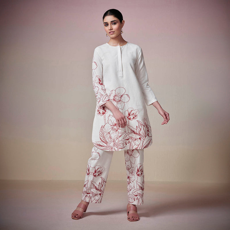 Cotton Linen Ivory Kurta Set for Women | Printed