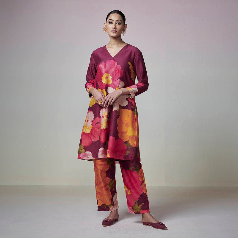 Chanderi Printed Kurta Set for Women | Maroon