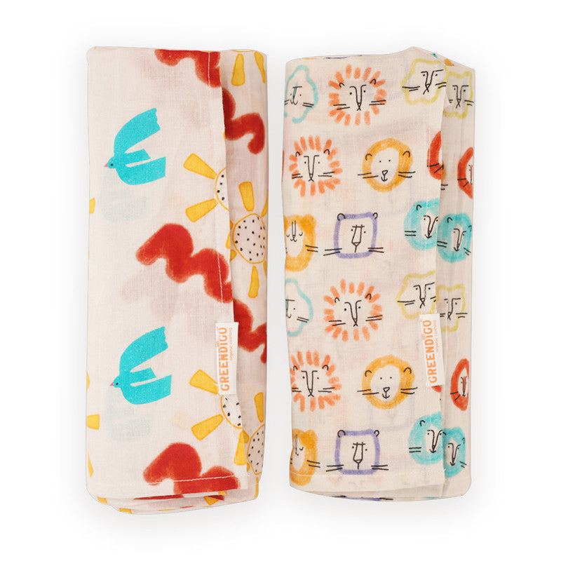 Organic Muslin Cotton Swaddle for Baby | Printed | Multicolour | Pack of 2