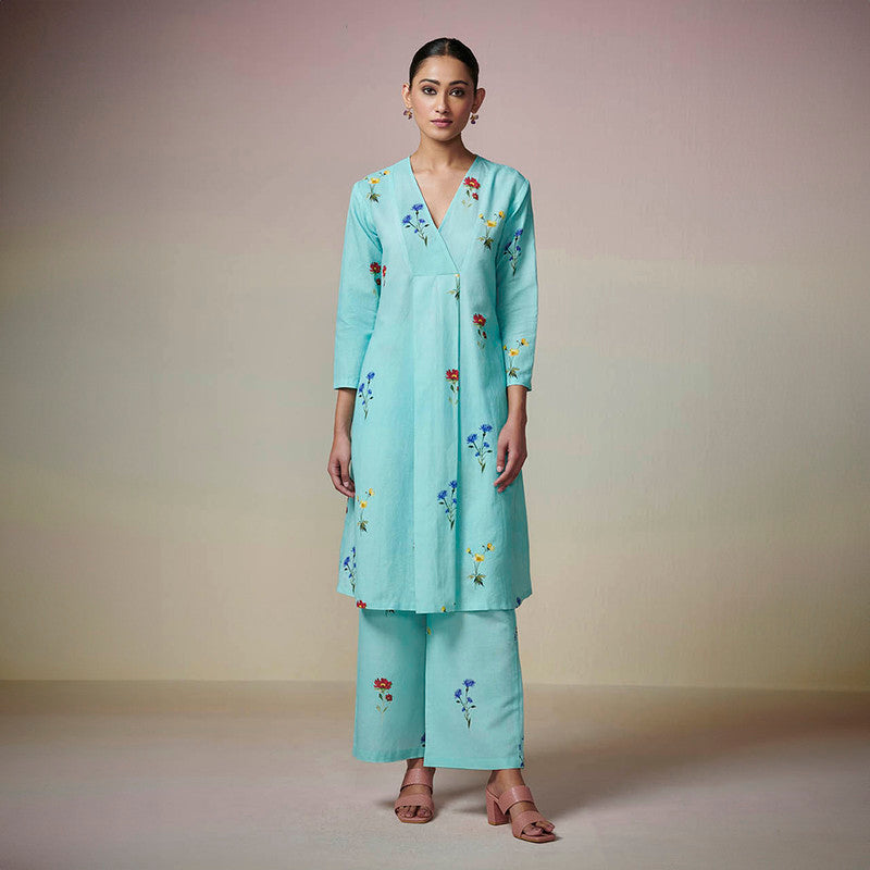 Cotton Linen Printed Kurta Set for Women | Blue