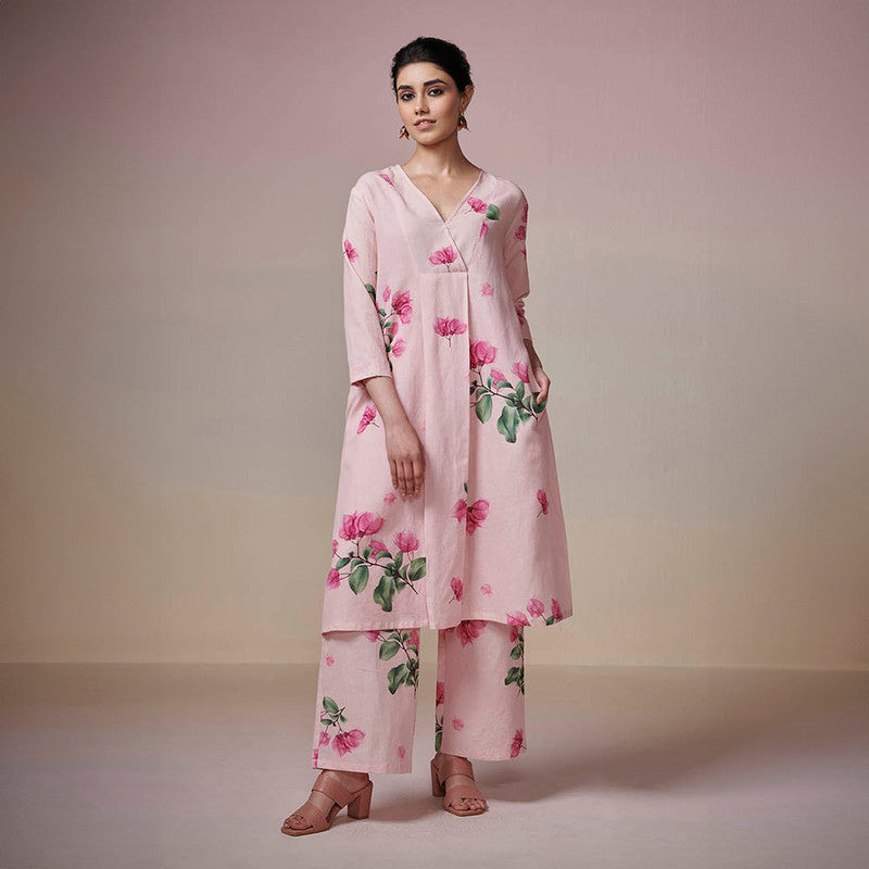 Cotton Linen A-Line Kurta Set | Pink