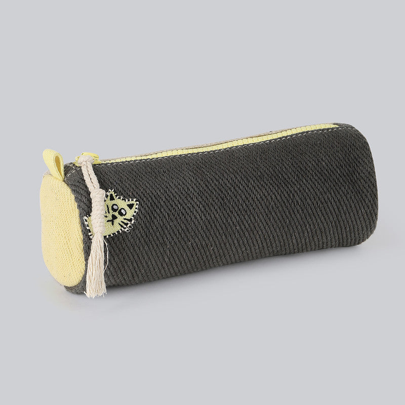 Cotton Denim Pencil Case Bag For Kids | Grey & Yellow