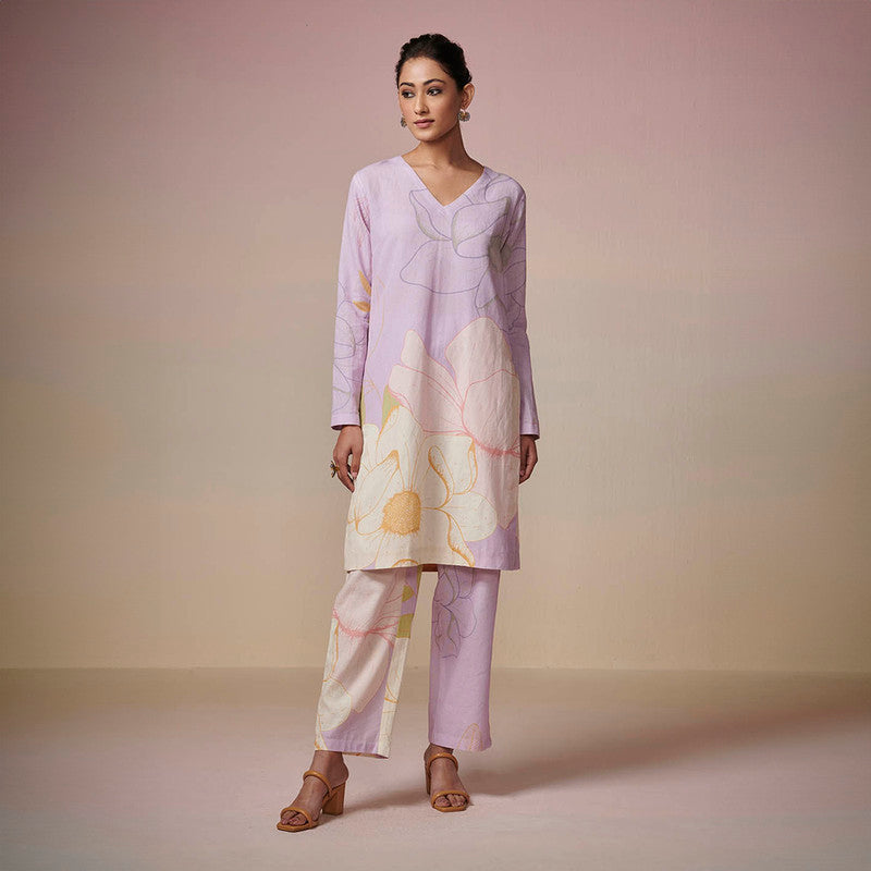 Cotton Linen Kurta Pant Set | Lavender | Floral Print