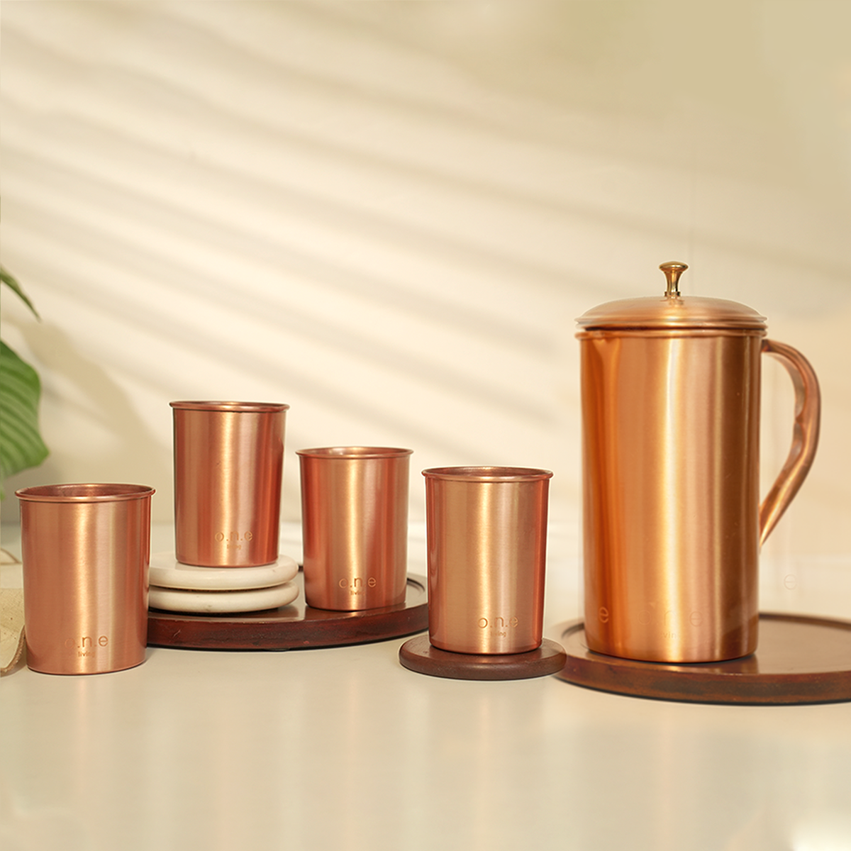 Pure Copper Jug & Set of 4 Glasses | Plain