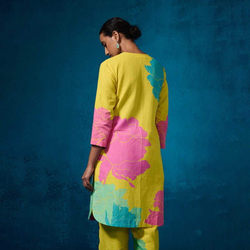 Linen Kurta Set For Women | Floral Printed | Lemon Yellow