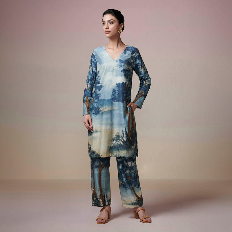 Chanderi Kurta Set for Women | Blue | Handpainted