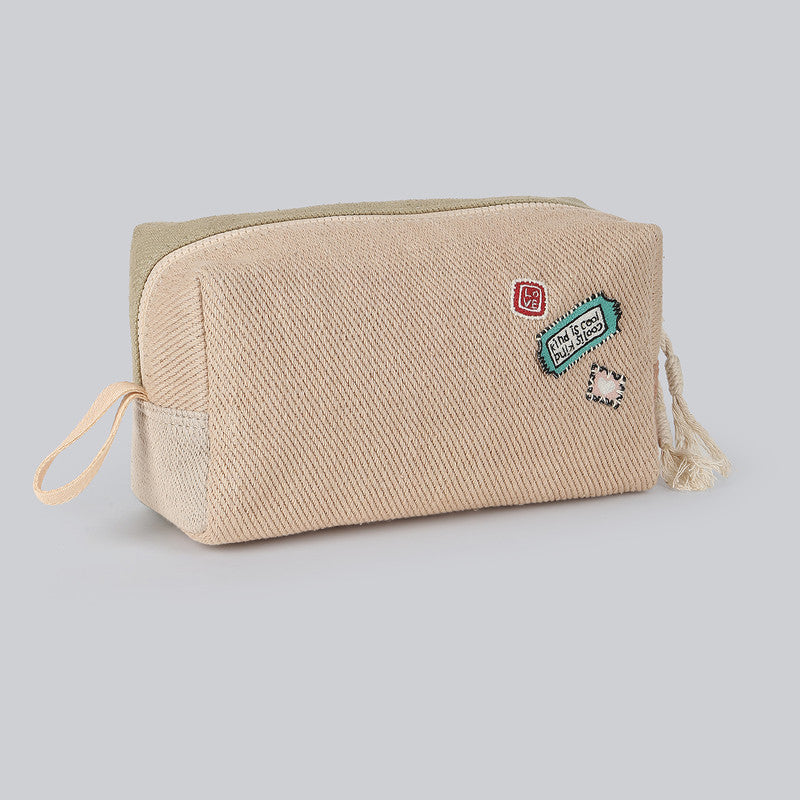 Cotton Denim Pencil Case Bag For Kids | Beige & Grey