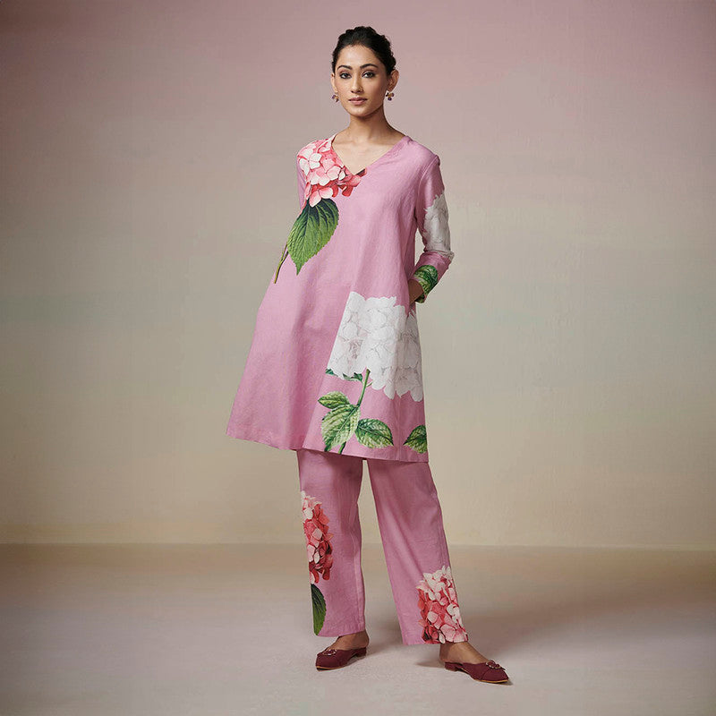 Cotton Linen Pink Kurta Set for Women | Printed