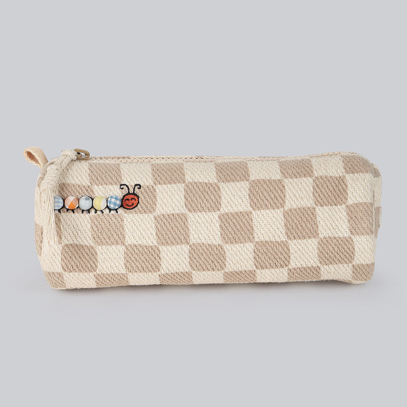 Cotton Denim Pencil Case Bag For Kids | Small Check | Beige