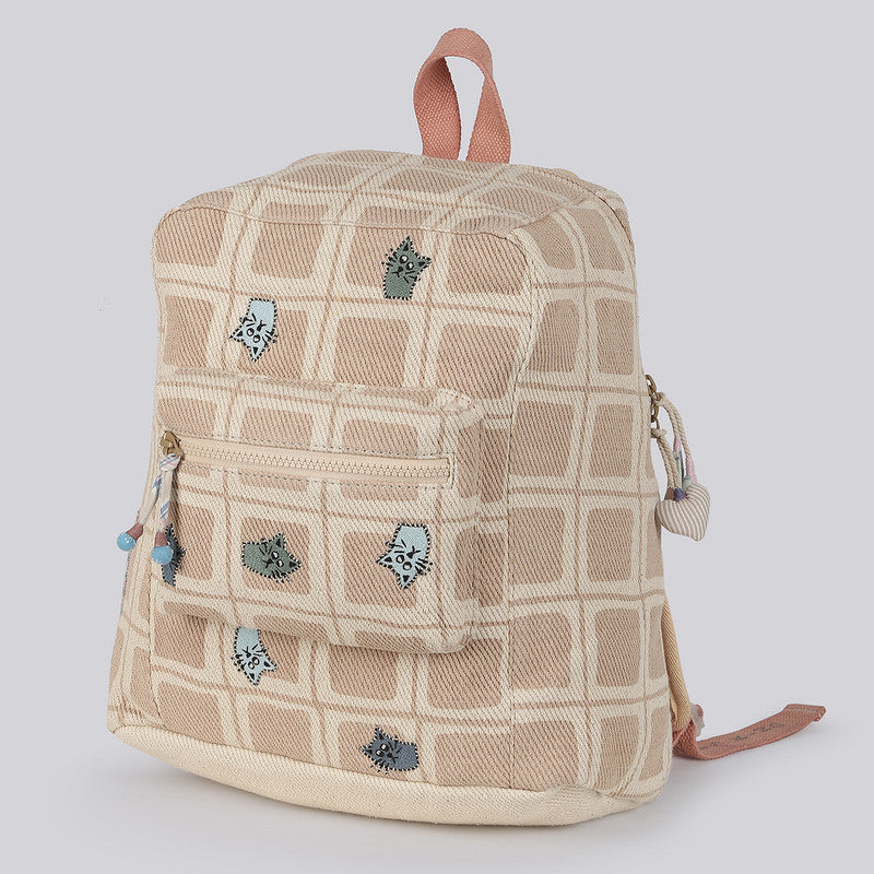 Cotton Denim Backpacks For Kids | Big Checked | Beige